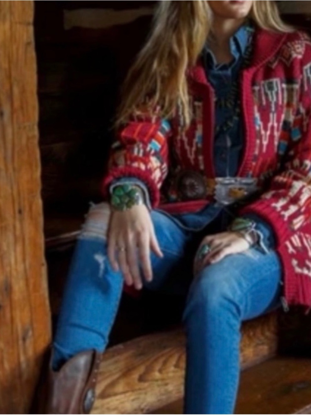Tasha Polizzi Red Southwestern Patterned Knit Sweater Cardigan